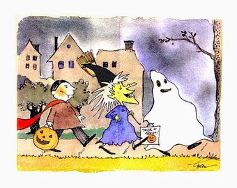 Halloween Greeting Card, Halloween Card, Funny Halloween Card, Kids Trick Or Treat Happy Halloween Watercolor Cartoon Illustration Print