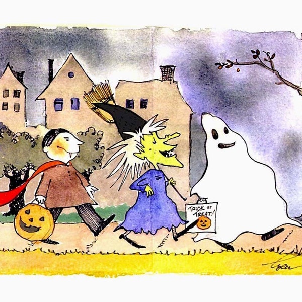 Halloween Greeting Card, Halloween Card, Funny Halloween Card, Kids Trick Or Treat Happy Halloween Watercolor Cartoon Illustration Print