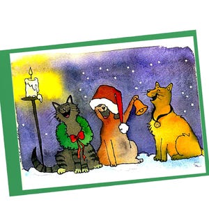 Funny Cats Christmas Card: Watercolor Caroling Cat Art Print