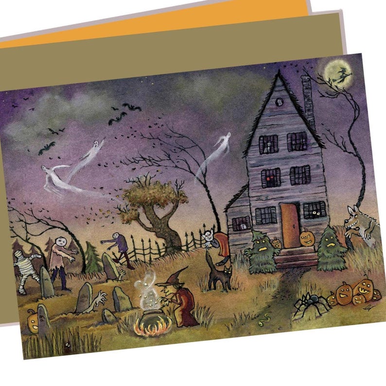 Handmade Halloween Greeting Card: Haunted House, Witch & Black Cat image 2