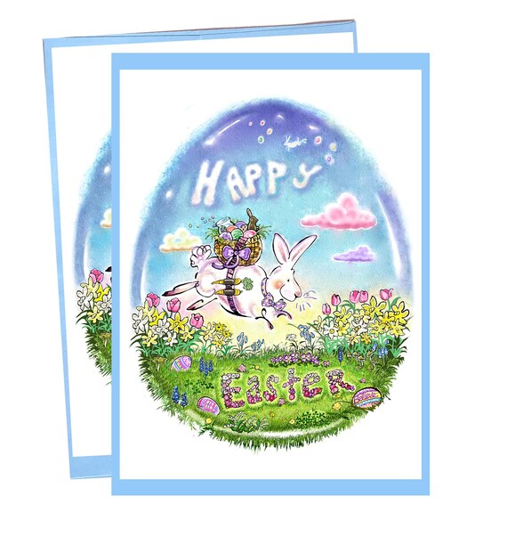 Handmade Watercolour Bunny Greetings Card - Blue Handmade Watercolour Bunny Greetings Card - Blue