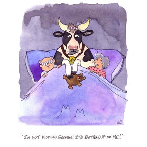 Thinking Of You Card - Funny Cow Blank Card - Funny Cow Art Cow Greeting Card - Cow Cartoon Illustration Print 'Let Sleeping Cows Lie'