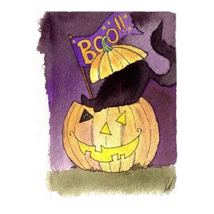 Black Cat Halloween Greeting Card - Halloween Card - Handmade Watercolor Greeting Card