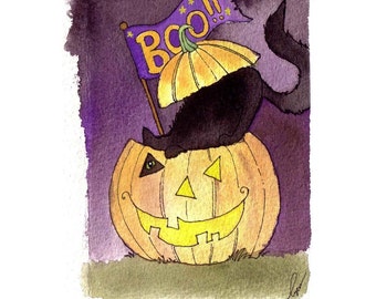 Black Cat Halloween Greeting Card - Halloween Card - Handmade Watercolor Greeting Card