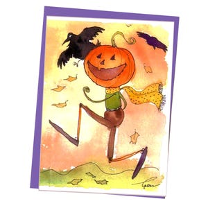 Cartão engraçado de Halloween: cabeça de abóbora e corvos em aquarela imagem 1