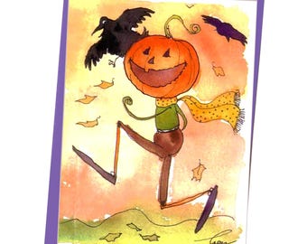 面白いハロウィンカード：水彩画のカボチャの頭とカラス