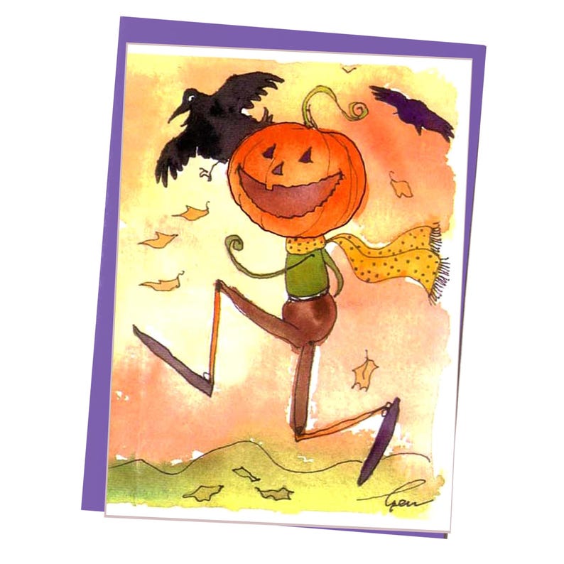 Cartão engraçado de Halloween: cabeça de abóbora e corvos em aquarela imagem 1