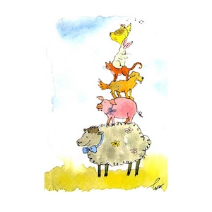 Osterkarte, lustige Aquarell Tiere Frühling Ostern Grußkarte, Tierkunst, Huhn Katze Kaninchen Schwein Schaf Tiere Illustration Print