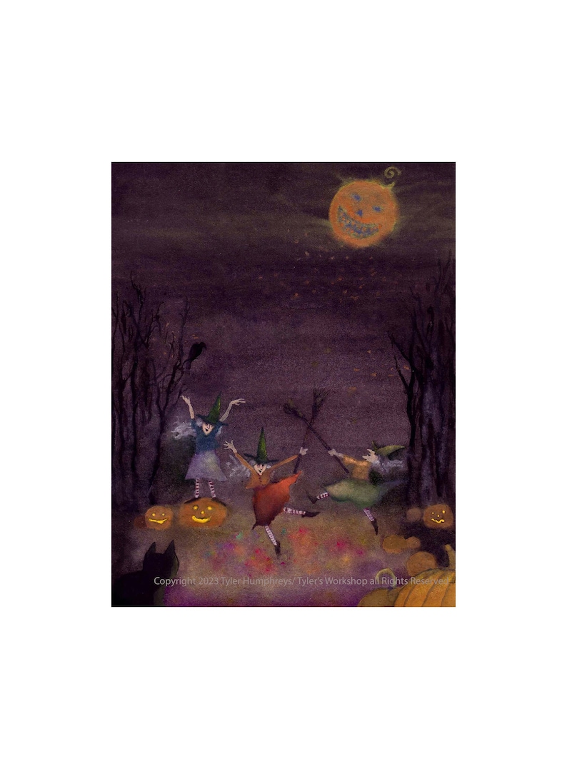 Halloween Art Print 8.5 x 11 Halloween Art Decoration, Halloween Illustration with Witches Black Cat, Spooky Funny Halloween Art image 1