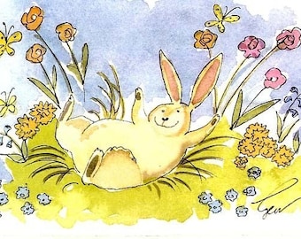 Bunny Rabbit Card, Rabbit Watercolor Painting Bunny Rabbit Greeting Card Cartoon Illustration Print