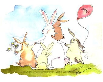 Muttertagskarte - Kaninchen Hase Kunst, Mama Familie Lustige Hase Grußkarte, Kaninchen Aquarell Illustration Illustration Print 'Bunny Mama'