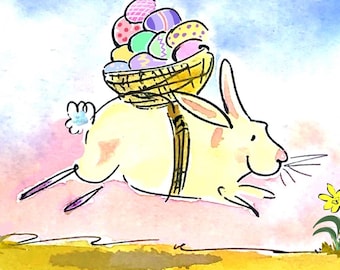 Easter Bunny Card – Whimsical Rabbit Greeting Card, Watercolor Spring Design