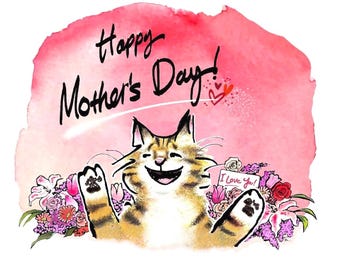 Tabby Cat Mom Card – Watercolor Tulips, Mother’s Day Greeting