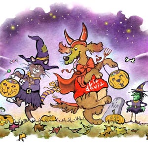 Carte d&#39;Halloween amusante : imposteurs de chats et de chiens, aquarelle