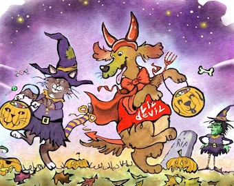 Funny Halloween Card: Cat and Dog Imposters, Watercolor Art