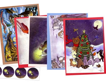 Watercolor Woodland Animal Christmas Card Set, Handmade Holiday Greetings (5 Pack)