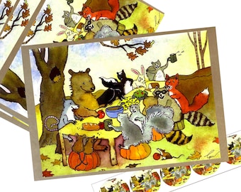 Thanksgiving Watercolor Card Set: Fall Forest Animals + Stickers