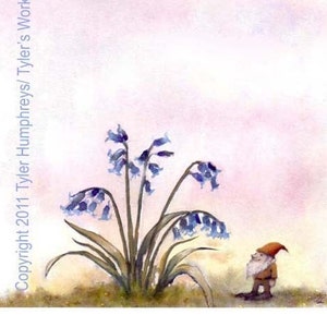 Funny Gnome Card Gnome Greeting Card Art Bluebells Flowers Garden Watercolor Painting Illustration Print 'Bluebells Are Ringing'' image 1