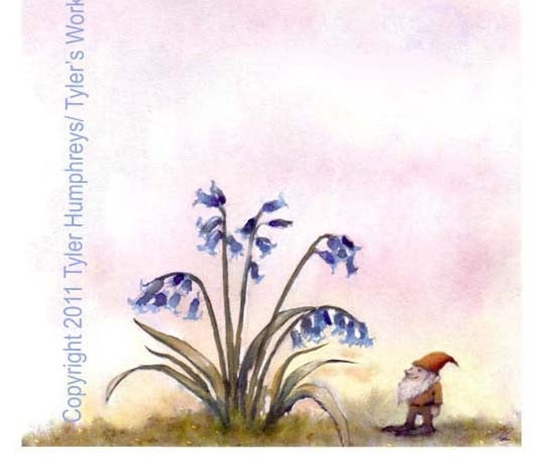 Funny Gnome Card Gnome Greeting Card Art Bluebells Flowers Garden Watercolor Painting Illustration Print 'Bluebells Are Ringing'' image 1
