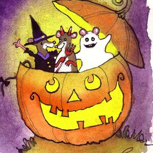 Handmade Halloween Card: Watercolor Mice in Pumpkin image 3