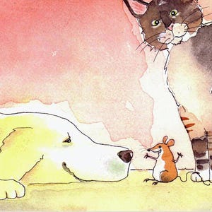 Drôle chien chat souris carte conte carte animal de compagnie aquarelle art animalier impression pour chambre d'enfants ou amoureux des animaux de compagnie carte de voeux vierge lunatique