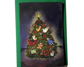 Original Christmas Tree Watercolor Painting – One of a Kind Holiday Art – Whimsical Holiday Illustration
