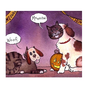 Funny Halloween Pets Card: Watercolor Cat and Dog Art