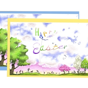 Carte de Pâques fantaisiste - 5 x 7 scènes de parc à l'aquarelle avec enfants et ciel « Joyeuses Pâques » - Carte de voeux de printemps faite main - Carte de Pâques en famille