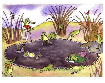 Funny Frog Greeting Card - Frogs Watercolor Painting Illustration Cartoon Print - Frog Art