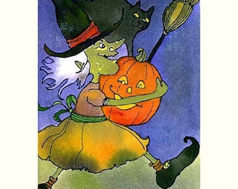 Happy Halloween Witch Broom Black Cat Pumpkin Fall Autumn Watercolor Painting Illustration Cartoon Greeting Card Print