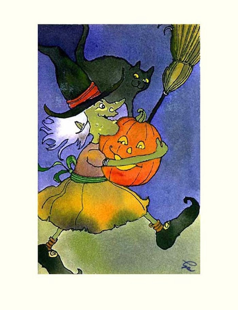 Happy Halloween Witch Broom Black Cat Pumpkin Fall Autumn Watercolor Painting Illustration Cartoon Greeting Card Print image 1
