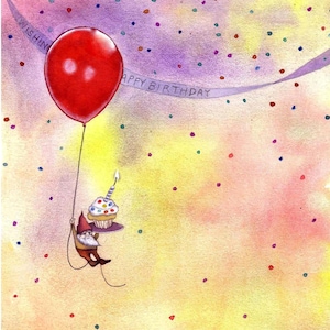 Wichtel Geburtstagskarte - wunderlicher Party-Zwerg mit Ballon - Lustig Illustrierte Geburtstags-Grußkarte - Kinder- oder Erwachsenen-Geburtstag