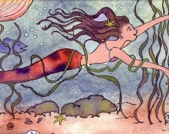 Mermaid Greeting Card - Mermaid Card - Mermaid Warercolor Painting - Fantasy Art - Mermaid Art Illustration Print 'Mermaid's Journey'