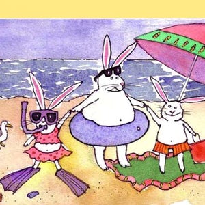 Carte de lapin de plage drôle - carte de voeux d'été lapin - famille à la plage - carte de lapin aquarelle faite main - humour plongée avec tuba