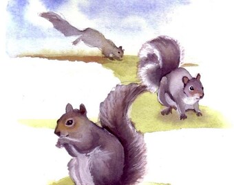 Eekhoorn aquarel schilderij kunstkaart: bos dierenprint (5 x 7)