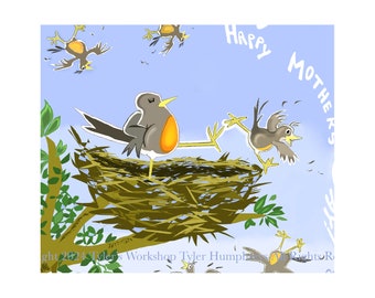 NEW Unique Mothers Day Card, Funny Blank Happy Mothers Day Card, Funny Robin Bird Mothers Day Card, Blank Birds Card, Animal Art, Bird Art