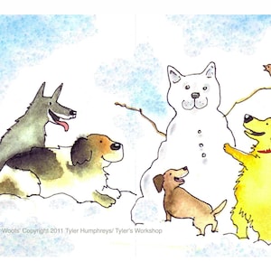 Chien carte - carte de Noël chien - art chien - chiens drôles illustration aquarelle peinture impression « woofs d'hiver »