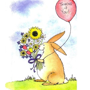 Cartão de coelho pensando em você, coelho em aquarela com flores e balão, cartão de felicitações de animais, coelho fofo, cartão em branco para encorajamento ou amor