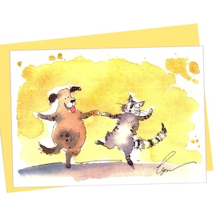 Carte de danse chat et chien Carte de voeux drôle pour animal de compagnie Cadeau pour amoureux des animaux Art de chien aquarelle Carte d'humour de chat Carte d'anniversaire pour animal de compagnie lunatique