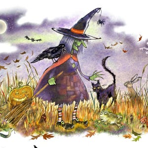 Whimsical Witch Black Cat Pumpkin Ghost Halloween Card: Witch and Familiars Art