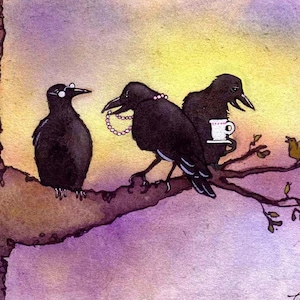 Cartão de felicitações engraçado com corvo - Cartão com arte de pássaro 3 corvos antigos - Cartão de animal em aquarela com chá, pérolas e óculos - Cartão em branco 4x6 com envelope
