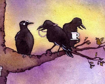 Funny Crow Greeting Card: Watercolor Bird Art, Friendship Card