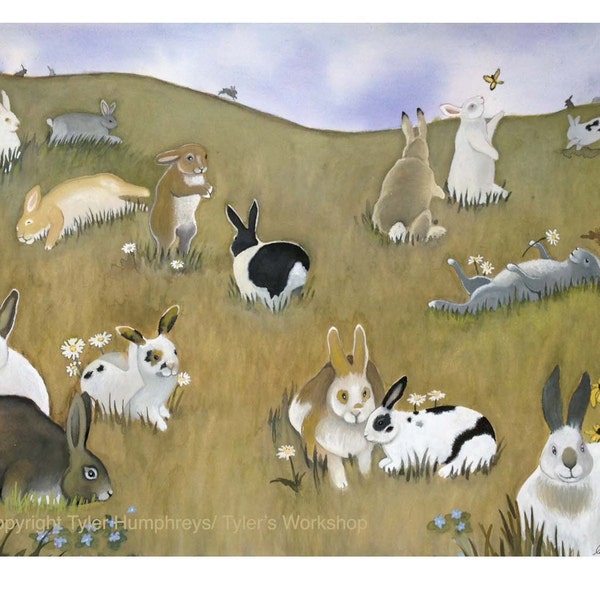 Bunny/ Rabbit Greeting Card - Bunny/ Rabbit Watercolor Painting Illustration Print Country Landscape