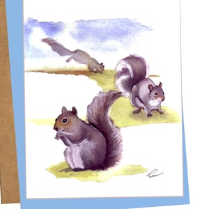 Cartão de felicitações de esquilo - Arte em aquarela de esquilo cinza - Cartão engraçado de animal em branco - Ilustração de roedor da floresta - Papelaria de animais da floresta