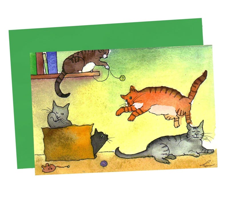 May include: A watercolour illustration of five cats playing with a ball of yarn. The cats are in various poses, some are sitting, some are standing, and some are jumping. The background is a light yellow colour.