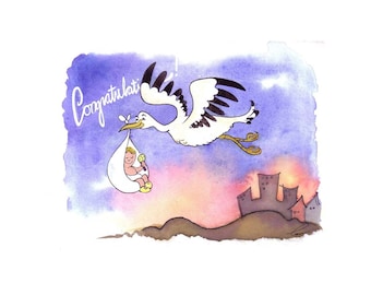 Stork Baby Card: Watercolor Congratulations Art Print (4x6)