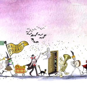Pode incluir: Uma ilustra&ccedil;&atilde;o em aguarela de um desfile de Halloween com uma bruxa, um vampiro, um fantasma, uma m&uacute;mia a tocar tuba e um esqueleto com um tambor. Uma bandeira amarela diz Halloween Parade, e morcegos pretos voam sobre um fundo violeta.