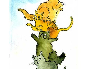 Funny Blank Cat Card, Cat Art, Cat Greeting Card, Cat Illustration, Cat Watercolor Painting Print 'Kitty Quartet'