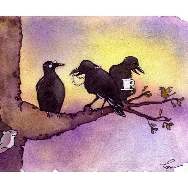 Crow Art - Crow Card - Funny Birds Crows Greeting Card Watercolor Painting Illustration Print '3 Old Crows'