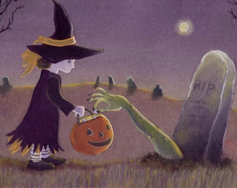 Funny Halloween Card Witch Graveyard Full Moon Origanal Handmade Watercolor Greeting Card